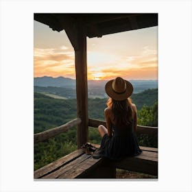 Woman Exuding A Sense Of Freedom While Sitting On A Wooden Porch Overlooking A Vast Hill And Sky Th (5) Canvas Print