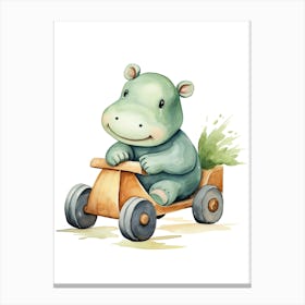 Baby Hippopotamus On Toy Car, Watercolour Nursery 0 Canvas Print