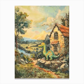 Dinosaur Outside A Home Storybook Painting 1 Canvas Print