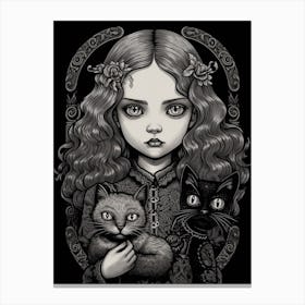 Wednesday Addams And A Cat Line Art Noveau 6 Fan Art Canvas Print