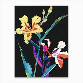 Neon Flowers On Black Gladiolus 2 Canvas Print