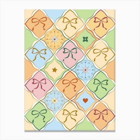 Coquette Ribbon Bows on Colorful Patchwork Canvas Print