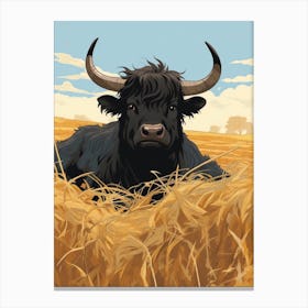 Black Highland Bull Sitting In Straw Canvas Print