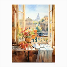 Window View Of Rome Italy In Autumn Fall, Watercolour 2 Canvas Print