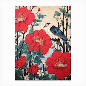 Red Camellia And Bird 2 Vintage Japanese Botanical Canvas Print