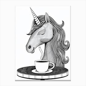 Unicorn Drinking Coffee Black & White Doodle Canvas Print