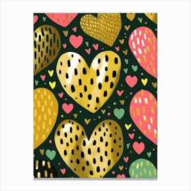 Gold Pink & Dark Green Dotty Hearts Canvas Print