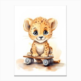 Baby Cheetah On Toy Car, Watercolour Nursery 0 Canvas Print