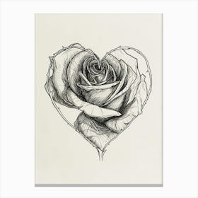 English Rose In A Heart Line Drawing 3 Canvas Print