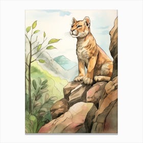 Storybook Animal Watercolour Mountain Lion 3 Canvas Print