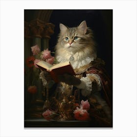 Cat Reading A Book Rococo Style Canvas Print