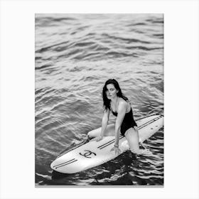 Woman On Surfboard Black And White Canvas Print