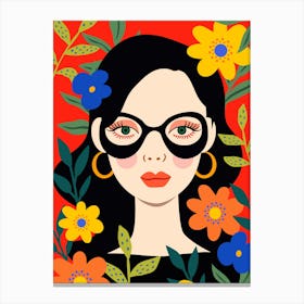 Girl With Glasses And Flowers Canvas Print