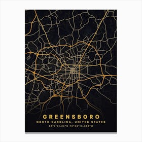 Greensboro North Carolina USA Black And Gold Map Canvas Print