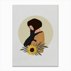 Minimal art Illustration Portrait Of A Woman With A Cat and sunflower Canvas Print