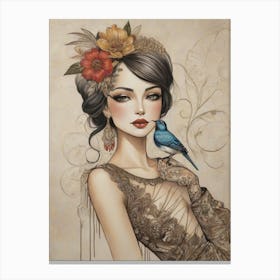 Lady With A Bird Canvas Print