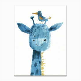 Small Joyful Giraffe With A Bird On Its Head 3 Canvas Print