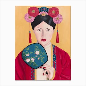 Chinese Woman With Peach Fan Canvas Print