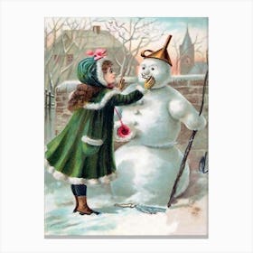 Little Posh Girl Making A Snowman Canvas Print