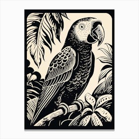 B&W Bird Linocut Macaw 1 Canvas Print