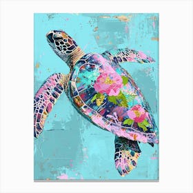 Floral Textured Sea Turtle Aqua Canvas Print