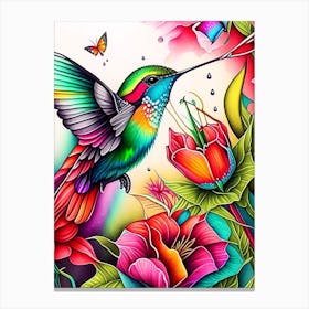 Hummingbird And Butterfly Marker Art Canvas Print