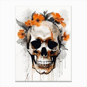Abstract Skull Orange Flowers Painting (17) Canvas Print