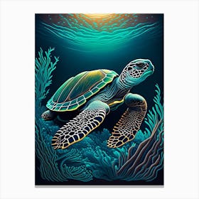 Sea Turtle In Deep Ocean, Sea Turtle Retro 1 Canvas Print