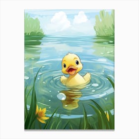 Cute Cartoon Duckling Swimming In The Pond 3 Canvas Print