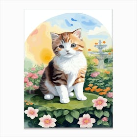 Cute Kitten And Flowers Watercolor 7 Canvas Print