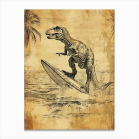 Vintage T Rex Dinosaur On A Surf Board 1 Canvas Print