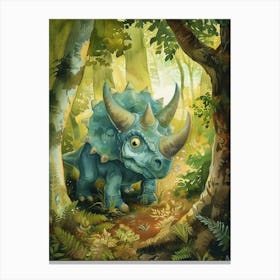 Cute Triceratops In The Woodlands Vintage Storybook Painting 1 Canvas Print