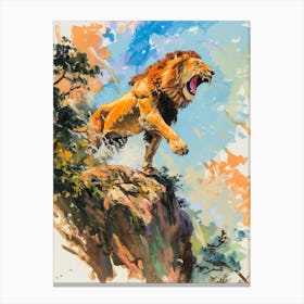 Asiatic Lion Roaring On A Cliff Fauvist Painting 1 Canvas Print
