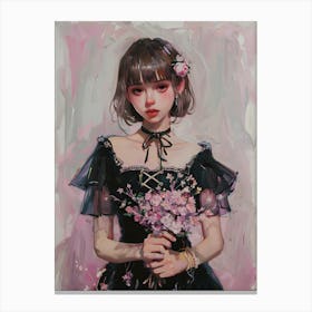 Anime Girl In Black Dress Holding Pink Flowers Canvas Print