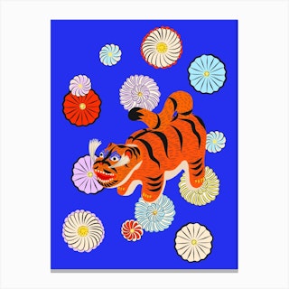 Hariko No Tora Chrysanthemum Blue Canvas Print