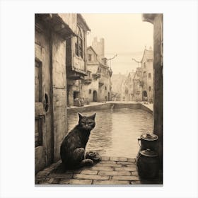 A Cat In The Medieval Streets Sepia Etching Canvas Print