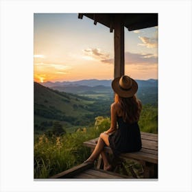 Woman Exuding A Sense Of Freedom While Sitting On A Wooden Porch Overlooking A Vast Hill And Sky Th (2) Canvas Print