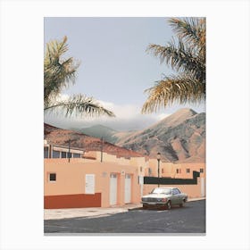 Vintage Car With Mountains And Palm Trees Canvas Print