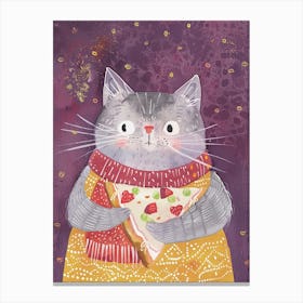 Grey Cat Eating A Pizza Slice Folk Illustration 3 Canvas Print