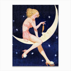 Pin Up Girl On the Moon, Tickling it's Nose Canvas Print