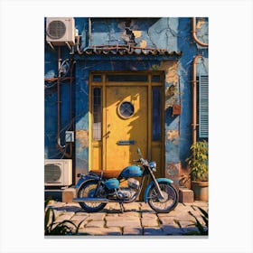 Lofi Anime Art: Vintage blue motorcycle by a rustic yellow door, surrounded by weathered blue walls and urban charm. Perfect for nostalgic urban vibes. Canvas Print