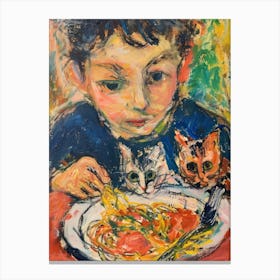 Portrait Of A Boy With Cats Having Pasta 2 Canvas Print