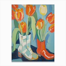 Painting Of Tulips Flowers And Cowboy Boots, Oil Style 1 Canvas Print