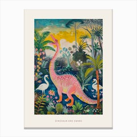 Dinosaur With Swans Painting 3 Poster Canvas Print