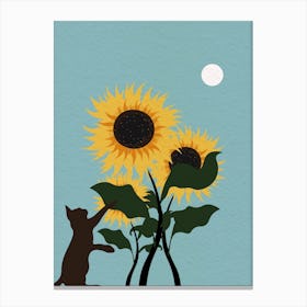 Vintage Minimal Art Cat Playing Sunflowers Canvas Print