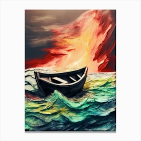 Lone Boat In The Sea, Charcoal, Colorful Canvas Print