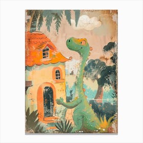 Dinosaur Outside A Home Storybook Painting 2 Canvas Print