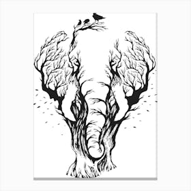 Elephant Tree With Birds Canvas Print