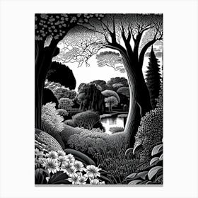 Stourhead Gardens, United Kingdom Linocut Black And White Vintage Canvas Print