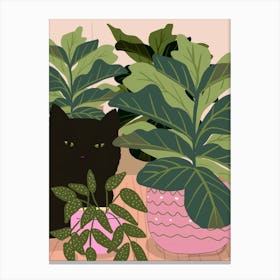 Black Cat And Pink Pot Canvas Print
